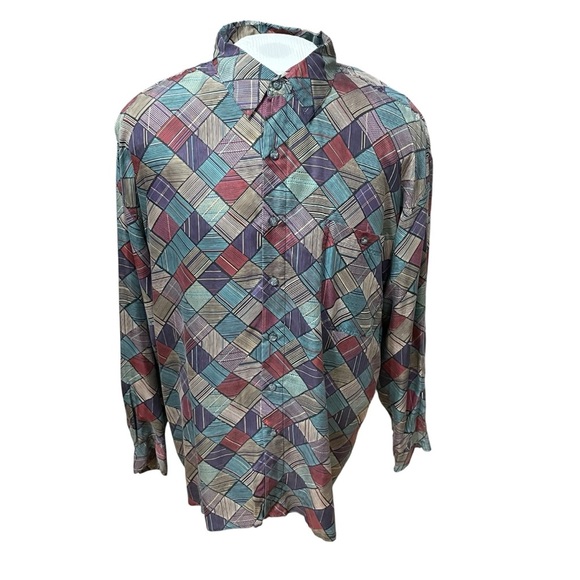 VTG Y2K 90’s SUMMA Silk Geometric Patchwork Print Button-Up Shirt XL Multicolor - Picture 2 of 14